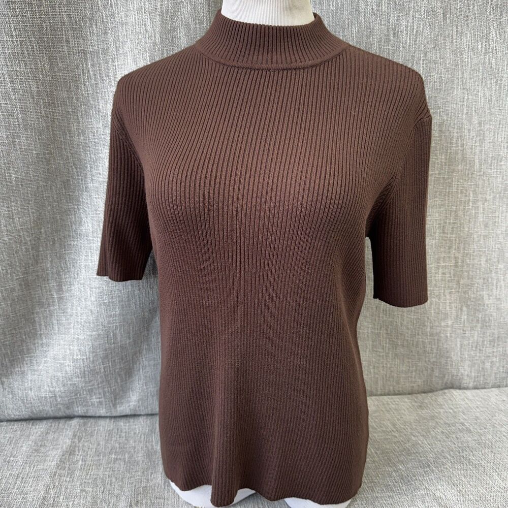 Worthington Essentials vntg Chocolate Brown Ribbed Knit Mock Neck sweater Large